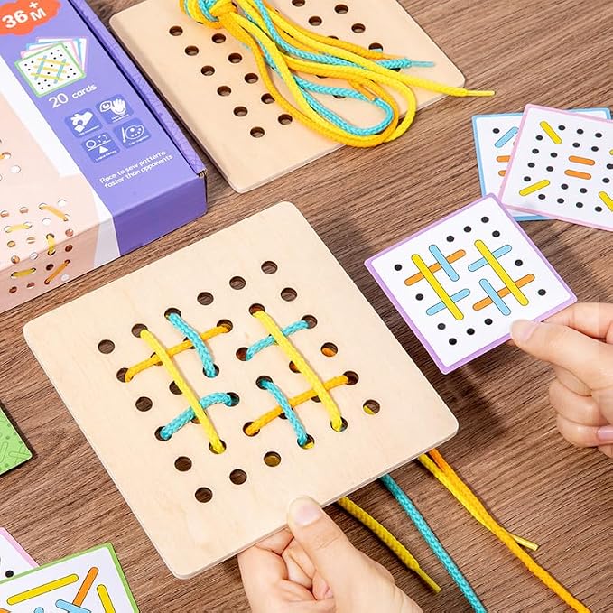 EduLand Montessori Montessori Practical Life Montessori-Inspired Sewing Lacing Weaving Wooden Boards with Lacing Ropes Pattern Cards Montessori Sewing Boards for 2 3 4 5 6 7 8 Years Old Toy Gift Set - Image 5