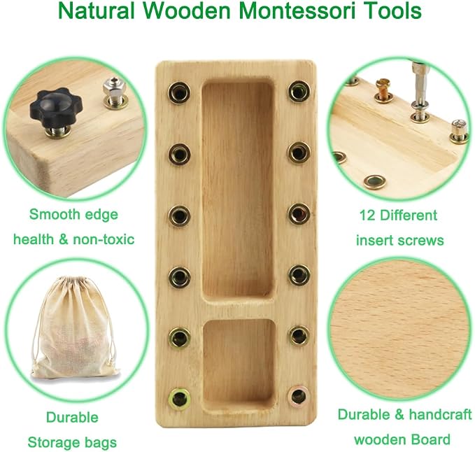 Inslat Montessori Screwdriver Board Set, Wooden Montessori Toy Tool for 3 4 5 Year Old Kids, Educational Screw Board Sensory Learning Toys STEM Fine Motor Skills Toys - Image 3