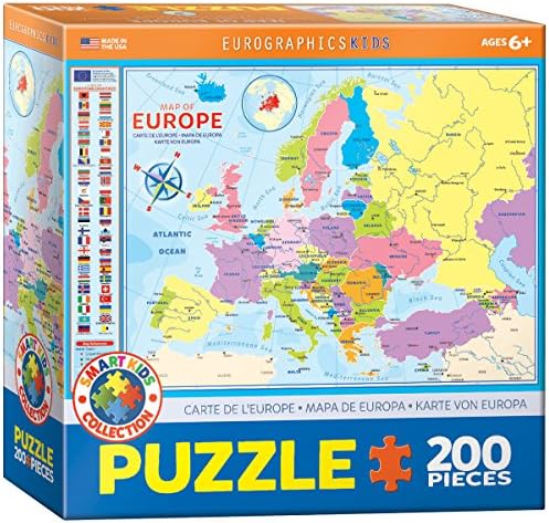 Eurographics Map of Europe 200-Piece Jigsaw Puzzle, 19" Height Finished Size, Blue Board with Durable Easy-Fit Pieces, Made in USA Educational Geography Puzzle by EuroGraphics