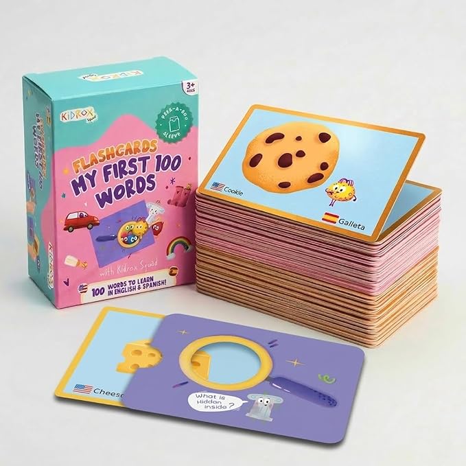 Kidrox 100 First Words Flash Cards for Toddlers, English with Spanish Learning Cards, Preschool Vocabulary & Speech Development Toy with Peek-a-Boo Sleeve for Memory Enhancement & Pattern Recognition by Kidrox