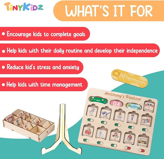 TinyKidz Wooden Chore Chart For Kids Visual Schedule, Routine Chart For Toddlers Ages 2-4, Daily Kids Schedule Board For Home (03) - Image 4