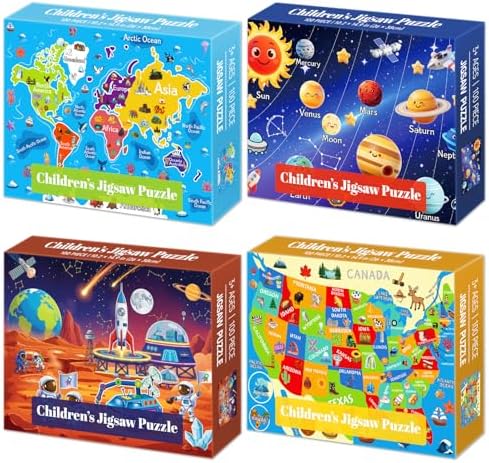 4 Packs 100 Piece Puzzles for Kids Ages 4-6 6-8 8-10, USA World Map Kids Puzzles Ages 3-5 4-6 5-8, Solar System Mars Adventure 100 Piece Puzzle for Adults Seniors, Educational Jigsaw Puzzles 15"x10" by Unknown