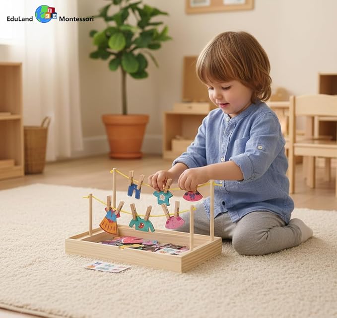 Montessori Practical Life Clothes Hanging Job, Laundry Activity Set with Rope Strings, Clothespins & Dress-Up Air Drying Game Airing Clothes for Toddlers Kids Ages 2-6, Classroom Educational Toy Gift - Image 3