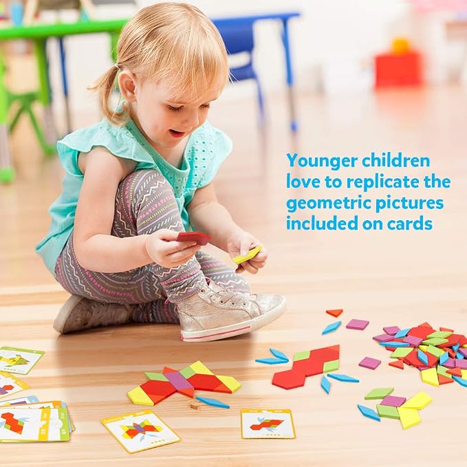 Coogam Wooden Pattern Blocks Set 130PCS Geometric Color Shape Manipulative Puzzle – Graphical Montessori Tangram Early Learning Educational Toys Brain Teasers STEM Gift for Kids with 24 Design Cards - Image 3