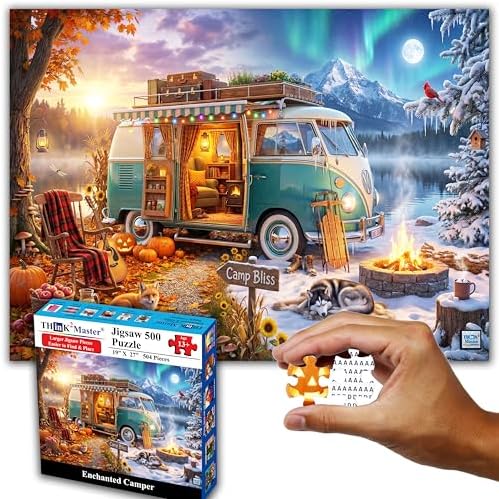 Think2Master Enchanted Camper 500 Pieces Large Format Jigsaw Puzzle: 13+, Teens, Adults & Families. Magically captures Autumn, Winter, Vintage Camper Van, Lake, Aurora & Mountains Size: 26.8” X 18.9” by Think2Master
