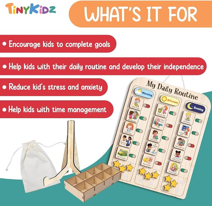 My Daily Routine Chart for Kids 11x14 Inch – Wooden Chore Chart with Morning Afternoon Evening Sections, Visual Schedule Board with Sliding Trackers & Star Reward System for Toddlers - Image 9