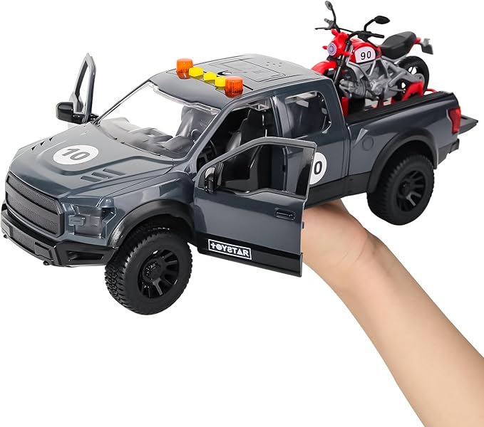 Pickup Truck Toy with Motorcycle, Featuring Lights and Sound Effects,Toy Car with Opening Doors, Toy Cars Gifts for 3+ Year Old Kids(Grey Pickup)