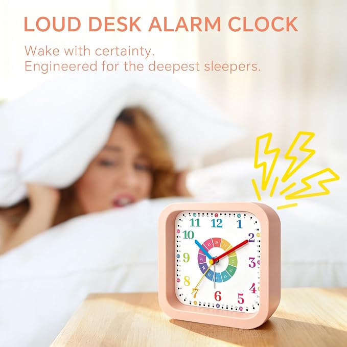 Modern Silent Learning Alarm Clock for Kids, 4.5" Loud Battery Operated Alarm Clock for Heavy Sleepers with Unique Dial & Numbers, Plastic Desk Clock for Kids Bedroom Classroom Dorms, Pink - Image 4