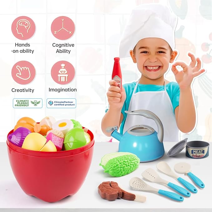 100Pcs Kitchen Playset, Kids Pretend Cooking Play Pots, Pans, Utensils, Cookware, Toy Food Fruits Veggies, with 2 Large Apple - Shaped Storage, Toddler Cooking Learning Gift (Turquoise) - Image 8
