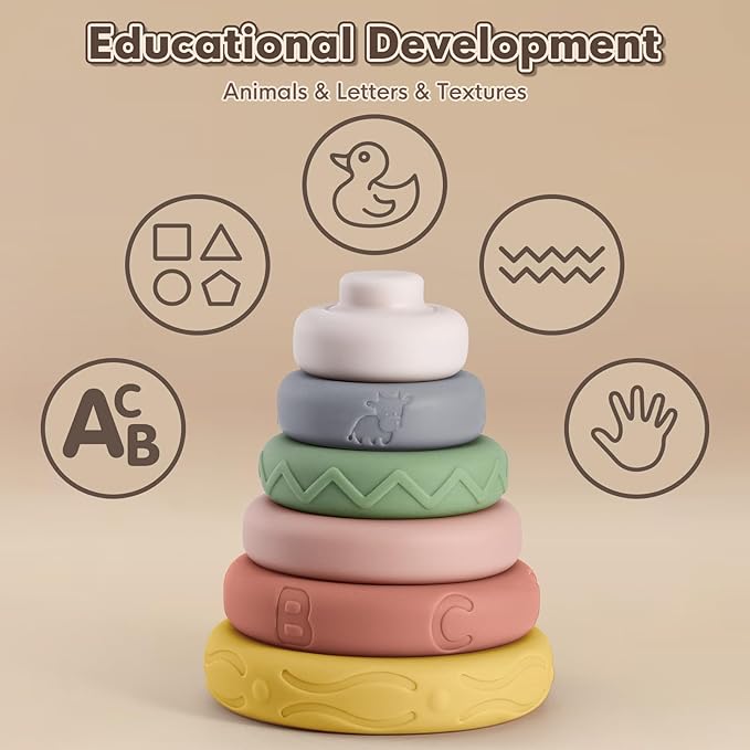 BOBXIN Baby Stacking & Nesting Rings Toy, 6pcs Soft Silicone Circle Building Stacker,Squeeze Play with Letter,Animal and Graphic,Toddler Sensory Learning Montessori Toys for Babies 6 Months+