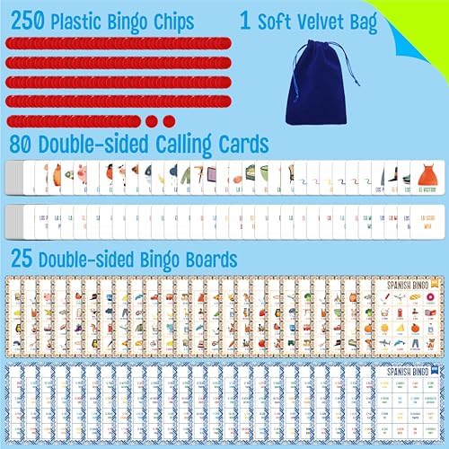 SpriteGru Spanish Bingo Game, 25 Bingo Board Spanish & English Vocabulary Word Game Bilingual Educational Toys for Language Learning - Ages 5 and up (Up to 25 Players) - Image 2