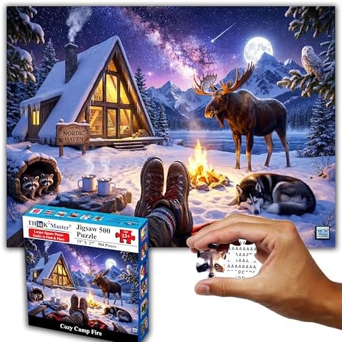 Think2Master Cozy Camp Fire 500 Pieces Large Format Jigsaw Puzzle: 13+, Teens, Adults & Families. Funny, Whimsical, Magical Serene Winter Landscape with Campfire. Great Gift. Size: 26.8” X 18.9” - Image 7
