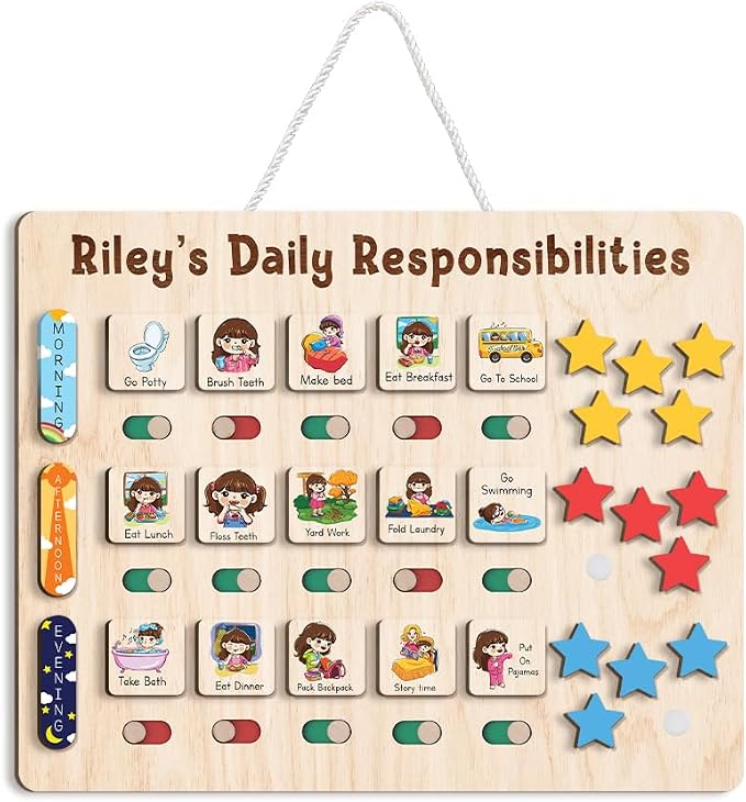 Wooden Chore Chart for Kids Visual Schedule, Routine Chart for Kids, Morning Bedtime Routine Chart for Toddlers Ages 2-4, Daily Kids Schedule Board for Home (18) by TinyKidz
