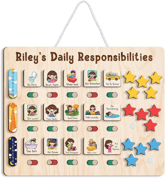 Wooden Chore Chart for Kids Visual Schedule, Routine Chart for Kids, Morning Bedtime Routine Chart for Toddlers Ages 2-4, Daily Kids Schedule Board for Home (18) by TinyKidz