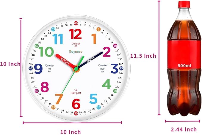 Roymnie Wall Clock 10" for Kids Learning Teaching Silent Battery Operated - Image 2