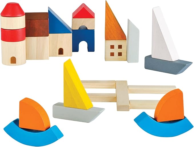 PlanToys® Marina Blocks Wooden Montessori Building and Creative Play Set | Fine Motor, Imagination and Early STEM Skill Development | Eco Friendly Open Ended Construction Activity