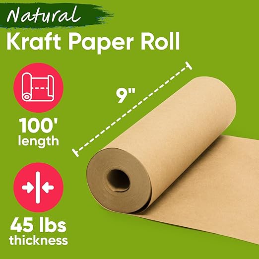 9" x 1200" USA-Made Natural Kraft Paper Roll, 45 Lbs/66 GSM Thickness, American Quality Brown Roll Paper for School, Bulletin Board, Crafts - Odorless, Non-Toxic, Safe for Kids