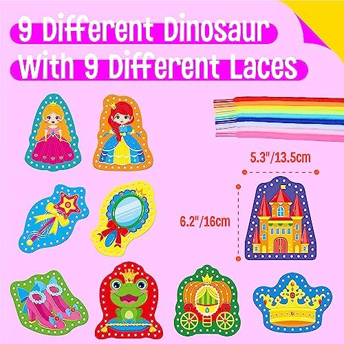 9 Pieces Kids Lacing Cards, Double Sided Sewing Cards in 9 Princess Theme Cards with 9 Colorful Laces, Imagination Development Lacing Toys Games for Children Educational and Learning Activity - Image 2