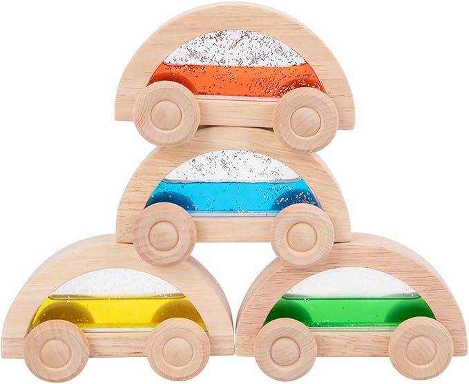 Dinhon Wooden Acrylic Water Glitter Car Toys for Toddlers 2-4, 4 Pack Colorful Sensory Water-Filled Cars, Montessori Toy Set for Boys Girls, Acrylic Rainbow Building Block Matching Products by Dinhon