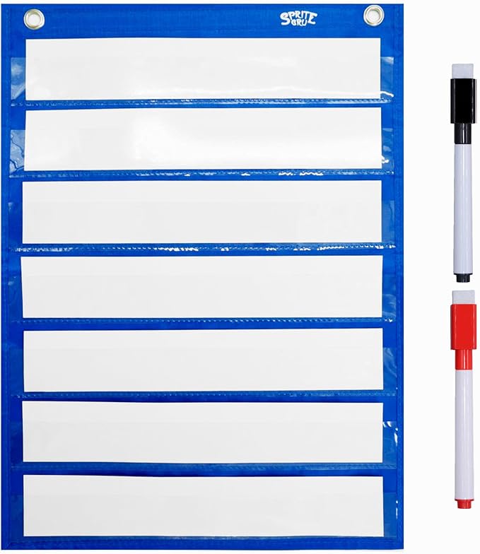Magnetic Pocket Chart with 10 Dry Erase Cards for Standards,Daily Schedule,Activities,Class demonstrations (Blue) by SpriteGru