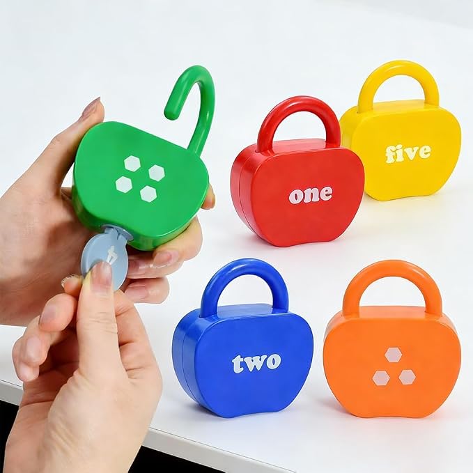 GEERAY Cause and Effect Toys for Toddlers 3 4 5, Montessori Lock & Key Set with 5 Apple-Shaped Locks, Keys & 10 Cards – Numbers Matching & Counting, Preschool Learning Games Gifts - Image 7