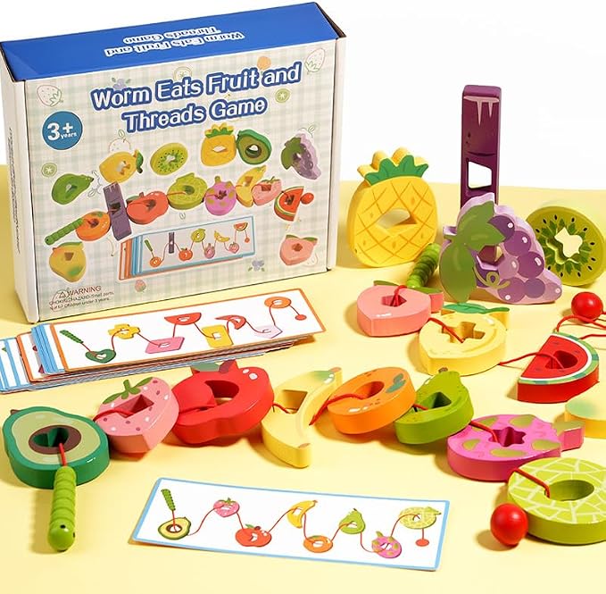 Wooden Greedy Caterpillar Lacing Toy, Montessori Threading & Stringing Toy with 20 Pattern Cards, Fine Motor Skills Educational Travel Gifts for Kids Ages 3+ - Image 5