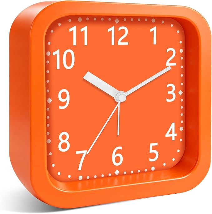 Analog Loud Alarm Clock for Heavy Sleepers, 4.5" Simple Battery Operated Alarm Clock with Modern Round Design, Silent Non-Ticking Small Bedside Clock for Bedroom Teens Seniors, College,Orange by Noubnea