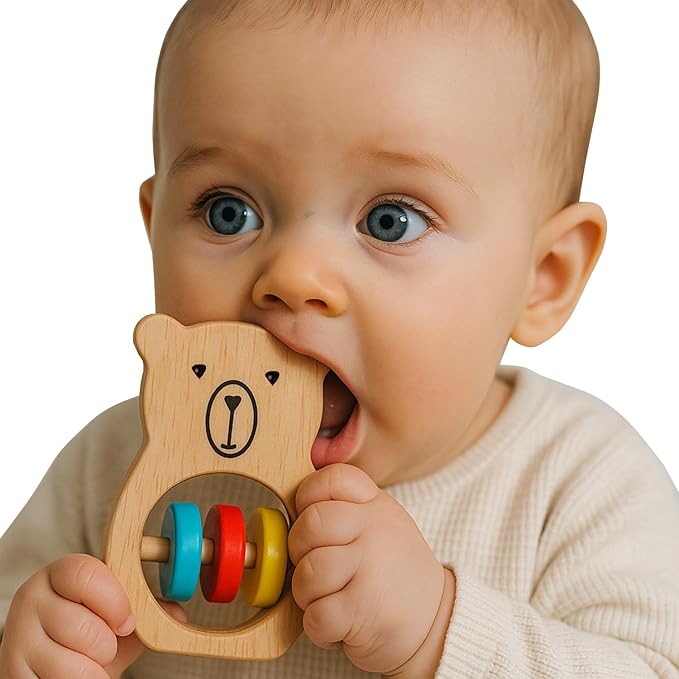 Shumee Wooden Baby Bear Rattle & Teether Wooden Montessori Toy For Babies (0-6 Months), Lightweight & Safe Enhances Grasping Wooden Rattle For Baby. Smooth Edges Sustainable Certified 100% Child Safe.