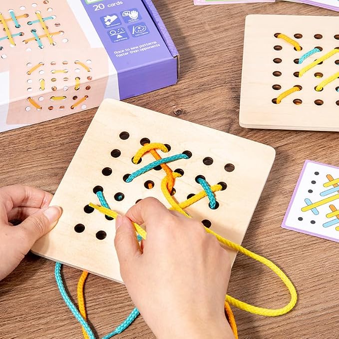 EduLand Montessori Montessori Practical Life Montessori-Inspired Sewing Lacing Weaving Wooden Boards with Lacing Ropes Pattern Cards Montessori Sewing Boards for 2 3 4 5 6 7 8 Years Old Toy Gift Set - Image 4