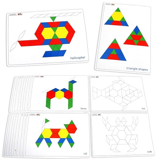 LEARNING ADVANTAGE Pattern Block Cards - Set of 20 Double-Sided Cards - Early Geometry for Kids - Teach Creativity, Sequencing and Patterning by LEARNINGADVANTAGE