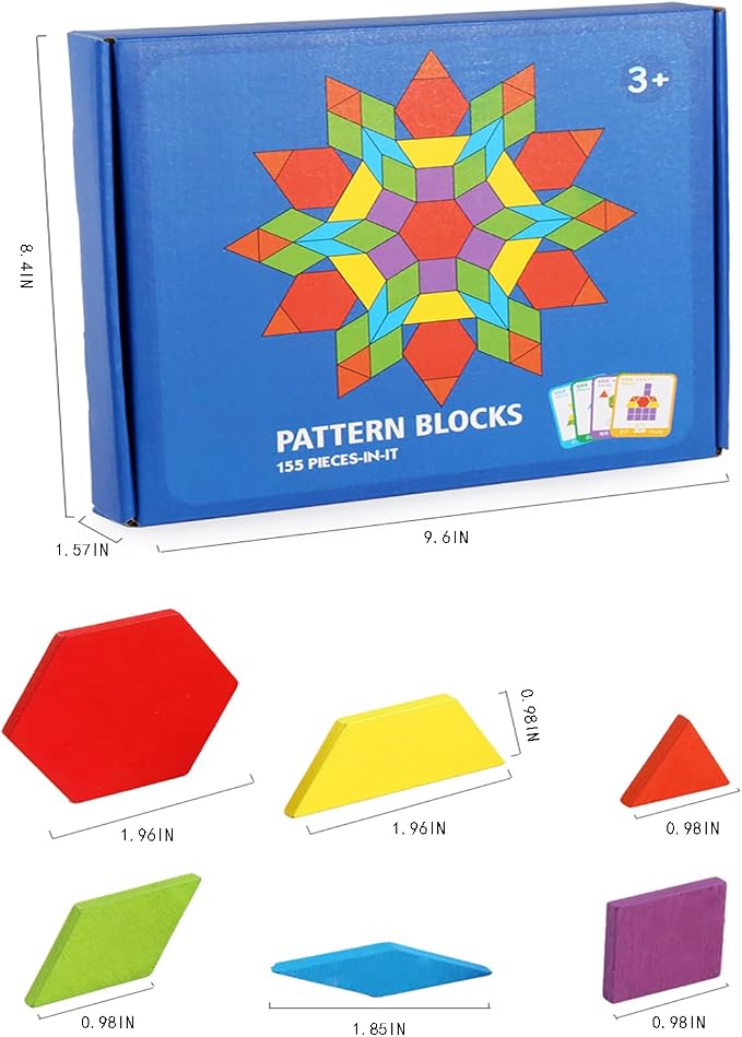 155 Pcs Wooden Pattern Blocks Set - Geometric Shape Puzzle for Kindergarten - Classic Educational Montessori Tangram Toys with 24 Design Cards for Kids Ages 3-8 - Image 6