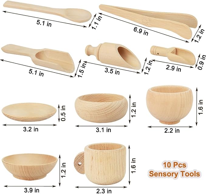 Yowlieu 10 Pcs Wooden Sensory Bin Tools for Toddlers & Preschool Children, Montessori Sensory Wooden Toys Fine Motor Learning Pretend Play Sensory Tools for Kids - Image 2