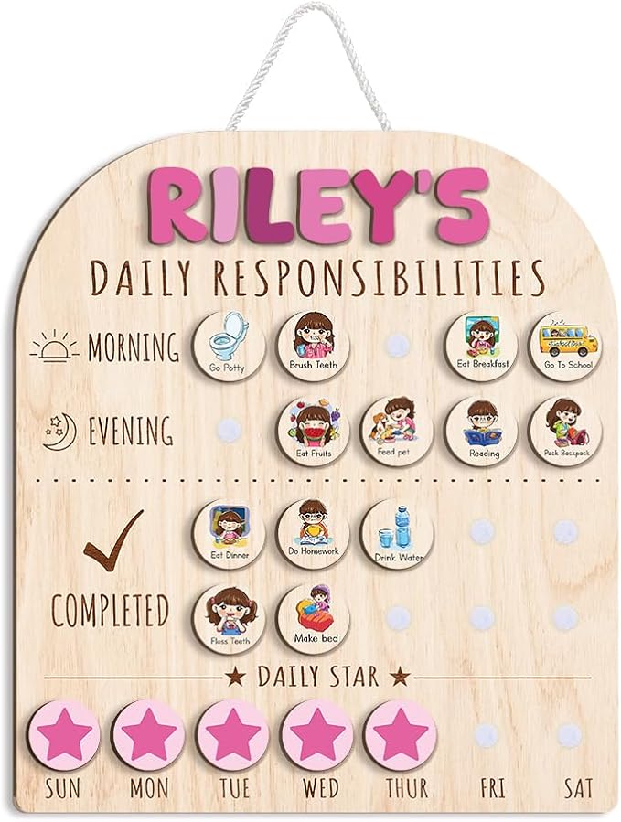 Personalized Wooden Chore Chart for Kids 15x17", Visual Schedule, Routine Chart for Kids, Morning Bedtime Routine Chart for Toddlers Ages 2-4, Daily Kids Schedule Board for Home (11) by TinyKidz