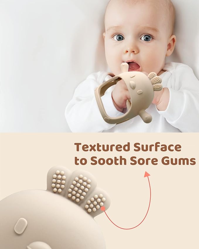 2 Packs Baby Teething Toy Silicone Teething Mitten for Babies Over 3 Months Anti Dropping Wrist Hand Teethers Baby Chew Toys for Sucking Needs, BPA Free (Pink & Caramel)