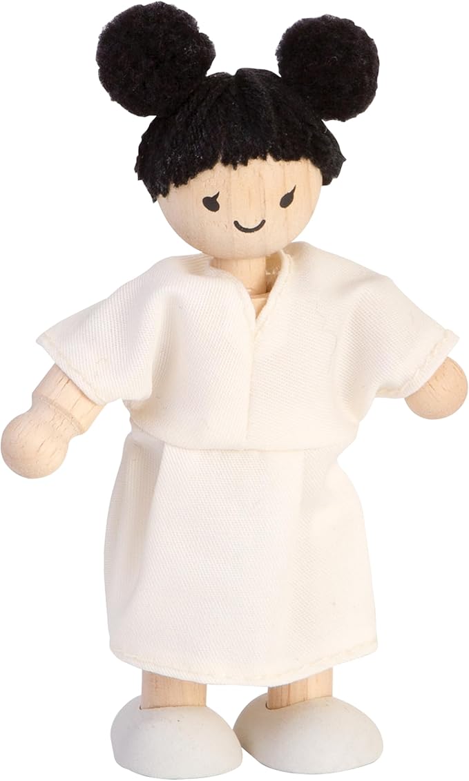 PlanToys® Wooden Girl Dollhouse Figure - Fair Skin Tone | Poseable 1:12 Scale Dollhouse People | Montessori Pretend Play Doll with Bendable Arms & Legs | Eco-Friendly Wooden Figurine for Kids