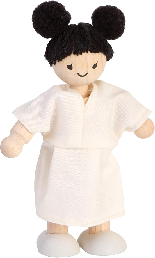 PlanToys® Wooden Girl Dollhouse Figure - Fair Skin Tone | Poseable 1:12 Scale Dollhouse People | Montessori Pretend Play Doll with Bendable Arms & Legs | Eco-Friendly Wooden Figurine for Kids