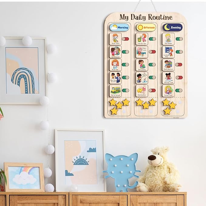 My Daily Routine Chart for Kids 11x14 Inch – Wooden Chore Chart with Morning Afternoon Evening Sections, Visual Schedule Board with Sliding Trackers & Star Reward System for Toddlers - Image 7