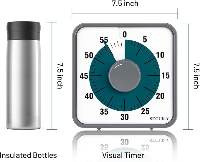 Secura 7.5 Inch Visual Timer, 60 Minute Visual Oversize Countdown Timer for Kids and Adults, Durable Mechanical Time Management Tool (Dark Green) - Image 7