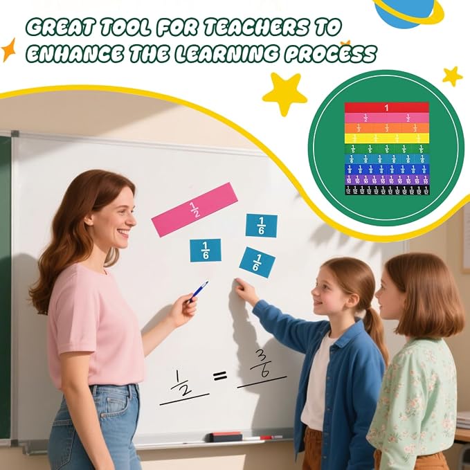 6 Sets Magnetic Fraction Tiles for Classroom EVA Foam Manipulatives CCSS, STEM, ASTM Rainbow Fraction Tiles Math Learning Manipulatives Set Fraction Bars for Preschool Elementary School - Image 6