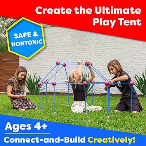 Power Your Fun Fun Forts Kids Tent - 81 Pack Fort Building STEM Toys Kit, Construction Toys Play Tent Indoor and Outdoor Playhouse for Kids with 53 Rods and 28 Spheres (Red, Blue) - Image 3