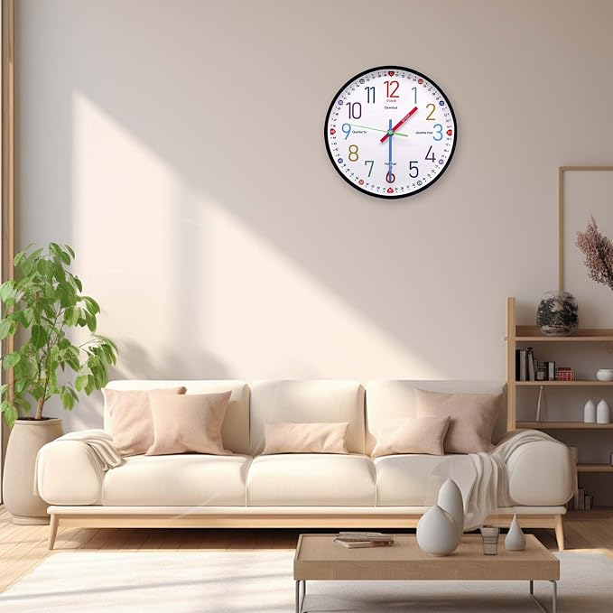 Learning Clock for Kids, 10'' Silent Non-Ticking Teaching to Tell Time Colorful Wall Clocks for Children's Room Bedroom Classroom Home Decor, Gifts for Christmas Birthday (Black) - Image 4