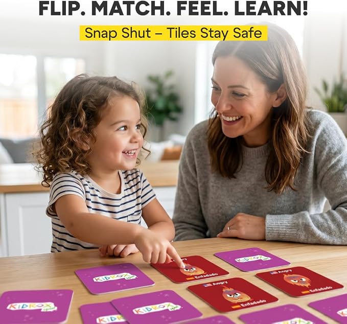 Kidrox Emotions Matching Game – Bilingual Memory Card Game in English & Spanish for Kids Ages 3+ | Learn & Mimic Emotions with Kidrox Squad | Premium Magnetic Box | 40 Tiles - Image 6