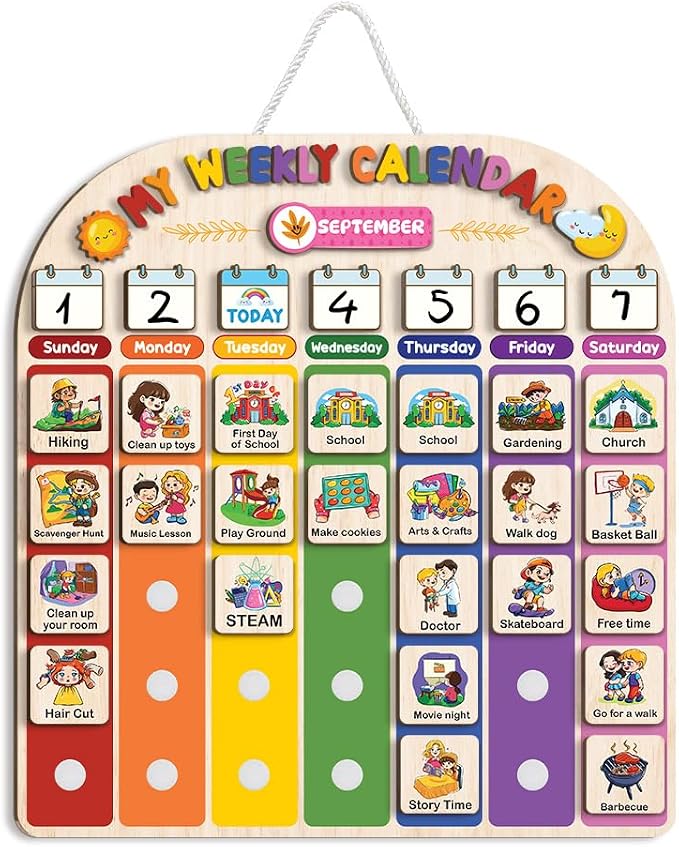 Wooden Weekly Calendar for Kids, Kids Weekly Planner, Large Week's Routine for Toddler, Daily Weekly Routine for Boys Girls Age 3+ (02) by Kidsweeties