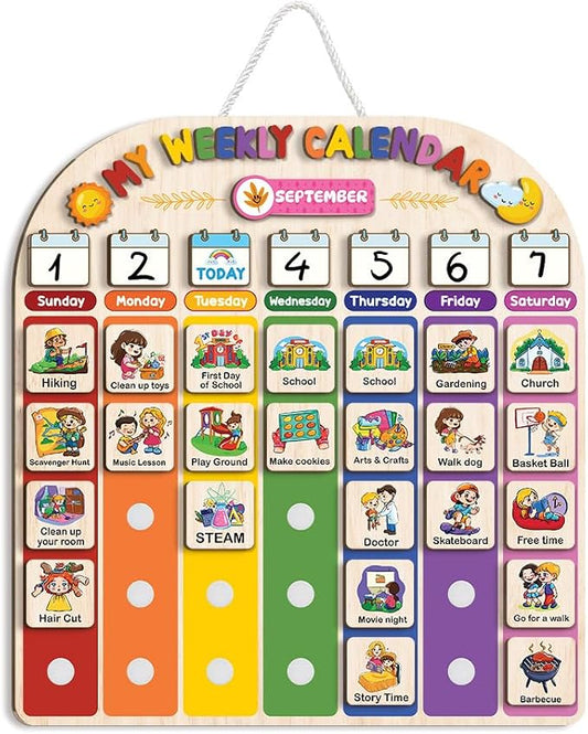 Wooden Weekly Calendar for Kids, Kids Weekly Planner, Large Week's Routine for Toddler, Daily Weekly Routine for Boys Girls Age 3+ (02) by Kidsweeties