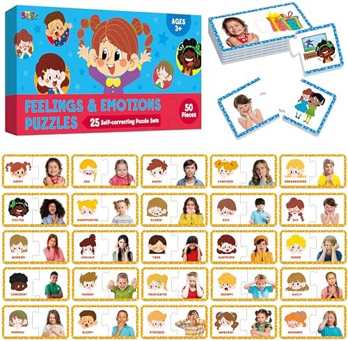 Feelings & Emotions Puzzle Cards, 50PCS Puzzles with Different Moods-Learn to Identify Various Feelings, Learning Toy for Kids with Autism, ADHD -Educational Tools for Therapy, Classroom, Home Use by SpriteGru