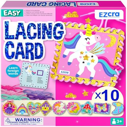 EZCRA Premium Lacing Cards for Kids Ages 3-6 | 10 Double-Sided Unicorn and Fairy Sewing Cards with Multilingual Learning | Durable Cardboard Fine Motor Skills Educational Activity by EZCRA