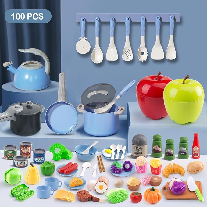 100Pcs Kitchen Playset, Kids Pretend Cooking Play Pots, Pans, Utensils, Cookware, Toy Food Fruits Veggies, with 2 Large Apple - Shaped Storage, Toddler Cooking Learning Gift (Blue - Image 2