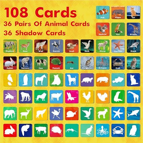Hebayy 108 PCS Memory Matching Game, 72 Animal Cards & 36 Shadow Cards Matching Cards 36 Pairs Real Animal for Toddlers, Preschool, Kids 4 5 6 Years Old (2” x 2”) - Image 3