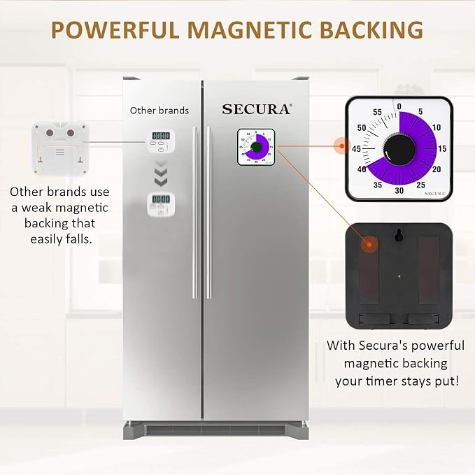 Secura 60-Minute Visual Countdown Timer, 7.5-Inch Oversize Classroom Visual Timer for Kids and Adults, Durable Mechanical Kitchen Timer Clock with Magnetic Backing (Purple) - Image 5