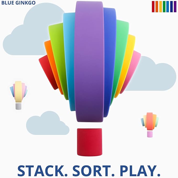 BLUE GINKGO Silicone Rainbow Stacker - Montessori Nesting Puzzle | Kids and Toddler | Stacking Sensory Toys - 10 Layers (Vibrant)